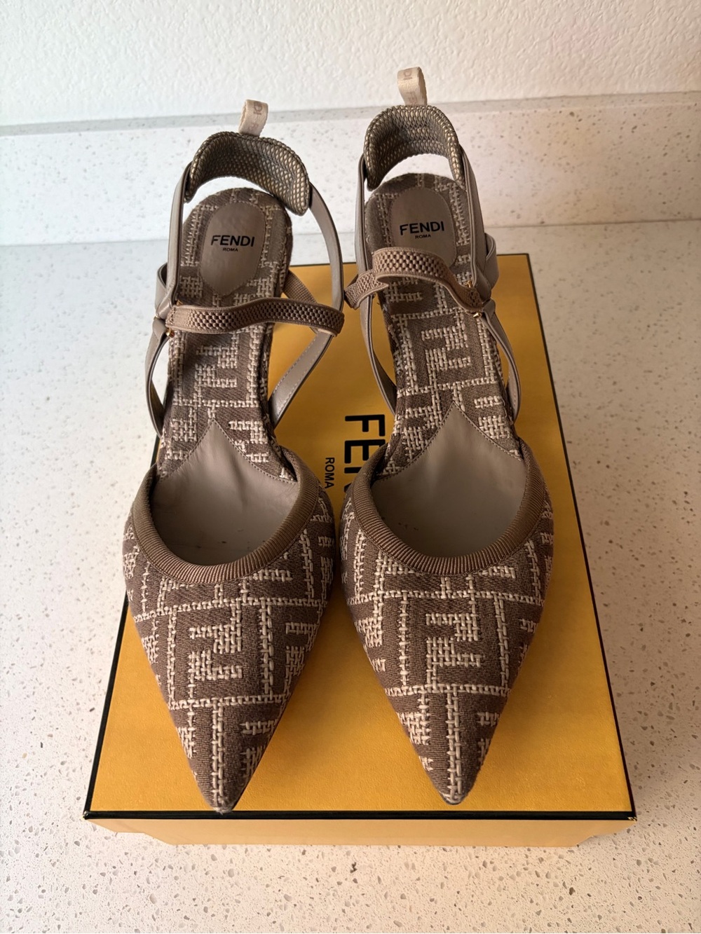 Fendi Colibri Taupe Monogram Pointed Slingback Heels